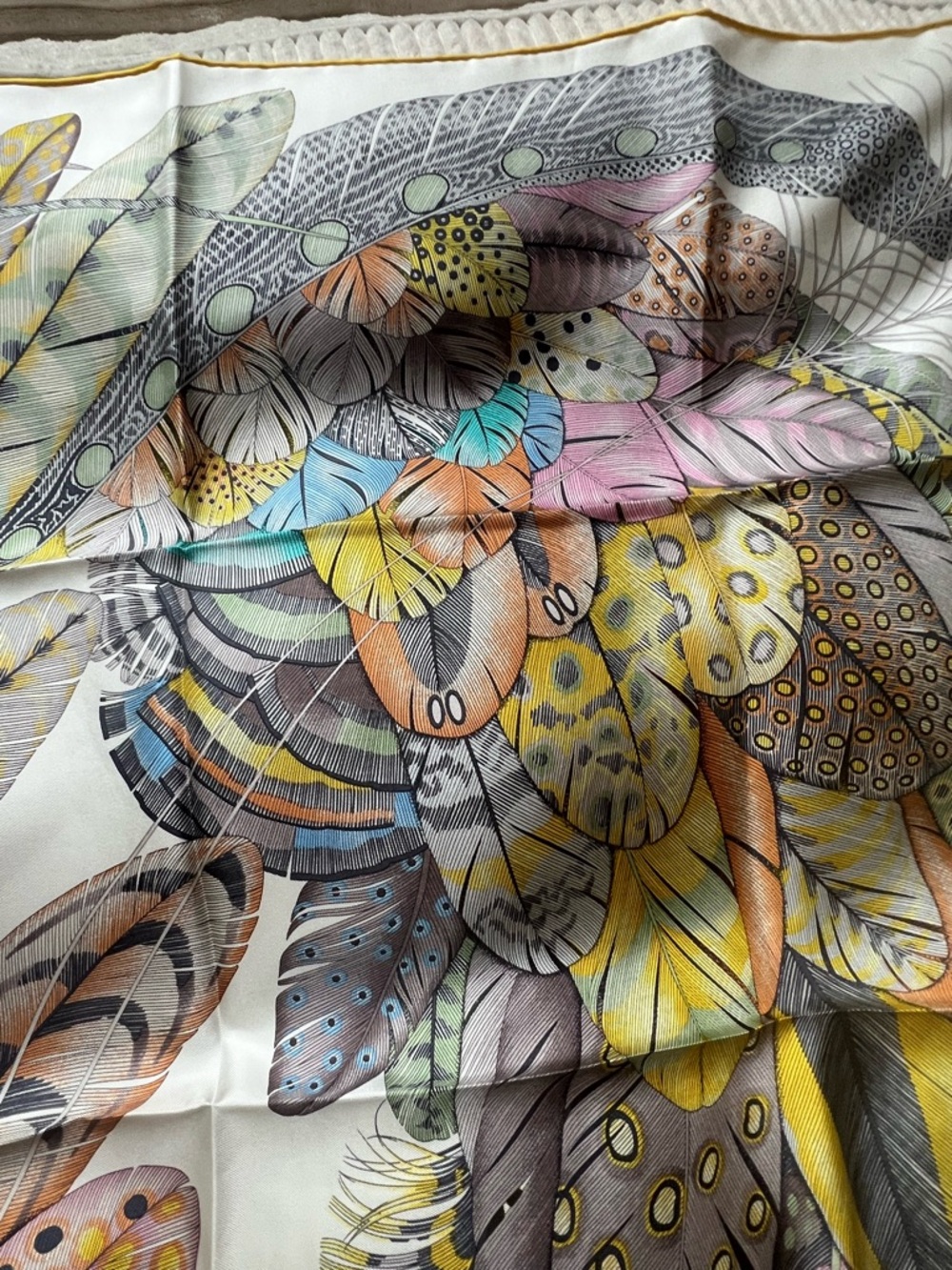 Hermes Plumes en Fete 90cm Silk Feather Print Scarf in Pastel Yellow, Blue, Pink - Picture 8 of 15
